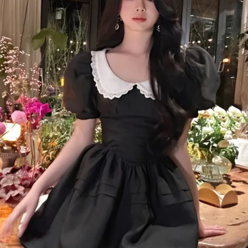 Load image into Gallery viewer, Kawaii Black Mini Dress Peter Pan Collar Vintgae Sweet Cute Wrap Puff Sleeve Short Dresses Party
