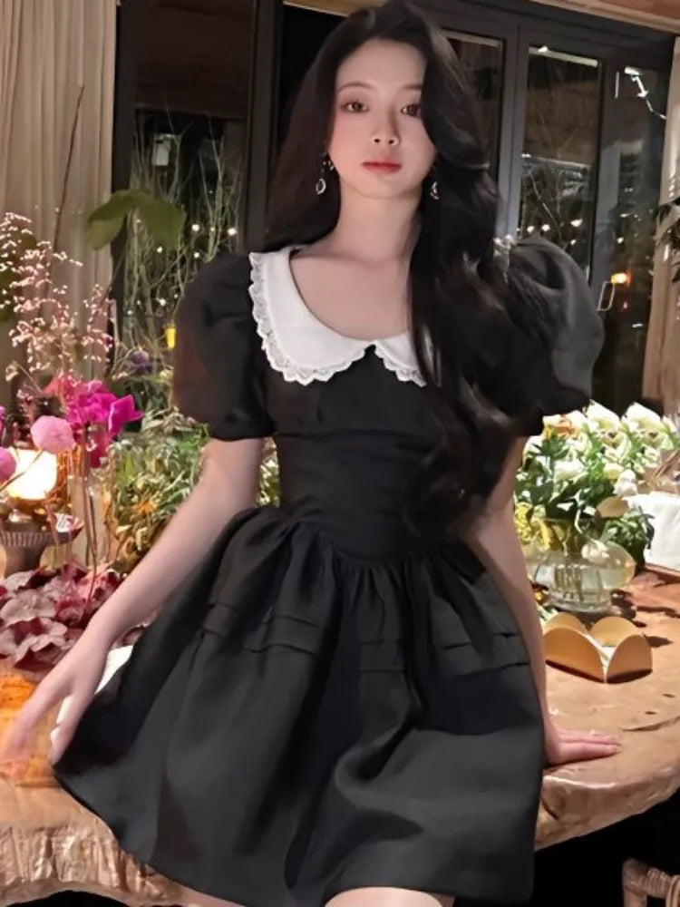 Kawaii Black Mini Dress Peter Pan Collar Vintgae Sweet Cute Wrap Puff Sleeve Short Dresses Party