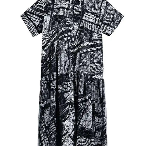 Load image into Gallery viewer, Women Black Pattern Printed Big Size Mesh Midi Shirt Dress New Lapel Short Sleeve Fashion Tide Spring Summer 2025 1DJ0636
