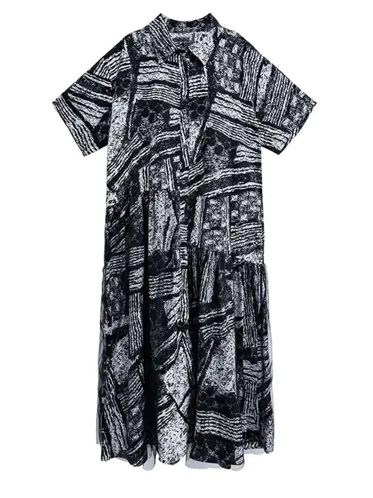 Women Black Pattern Printed Big Size Mesh Midi Shirt Dress New Lapel Short Sleeve Fashion Tide Spring Summer 2025 1DJ0636