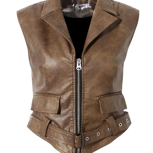 Load image into Gallery viewer, Coffee Pleated Belted Drawstring Leather Jacket New Lapel Long Sleeve Women Coat Fashion Tide Spring Autumn 2025 1DF5260
