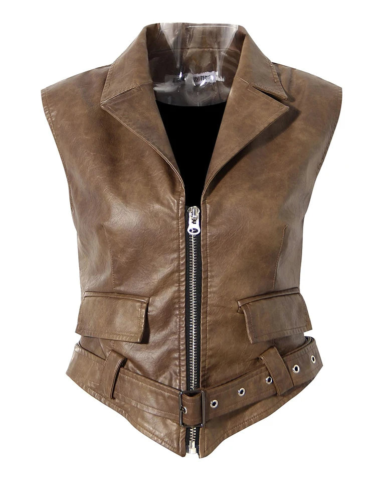 Coffee Pleated Belted Drawstring Leather Jacket New Lapel Long Sleeve Women Coat Fashion Tide Spring Autumn 2025 1DF5260