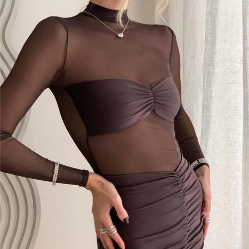 Load image into Gallery viewer, Sheer Long Sleeve Ruched Sexy Maxi Dress Women Fashion Half High Collar See Through Backless Bodycon Sexy Long Dress
