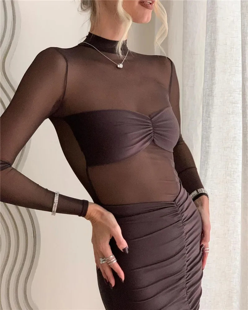 Sheer Long Sleeve Ruched Sexy Maxi Dress Women Fashion Half High Collar See Through Backless Bodycon Sexy Long Dress