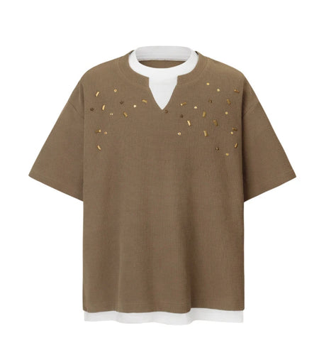 Men's Short Sleeve T-shirts Fake Two-piece Trendy V-neck Design T-shirt Nail Buckle Decoration Summer Male Top 9W1780