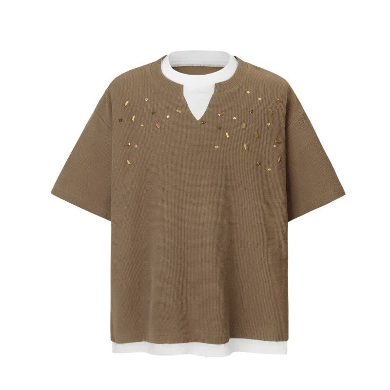 Men's Short Sleeve T-shirts Fake Two-piece Trendy V-neck Design T-shirt Nail Buckle Decoration Summer Male Top 9W1780