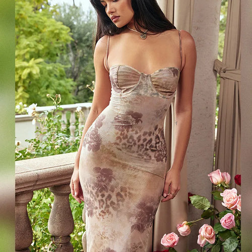 Load image into Gallery viewer, Mesh Floral Print Maxi Dress Women Spaghetti Strap Sleeveless Lace-up Split Sundress Ladies Club Party Long Tank Dress
