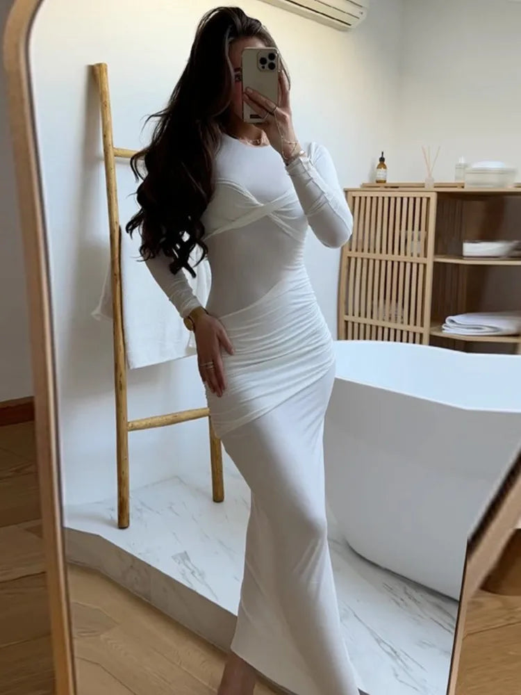 Elegant Elastic Tight Pleated Dress For Women Sexy Slim Long Sleeved Vestidos Autumn Winter New 2024 Party Evening Dress