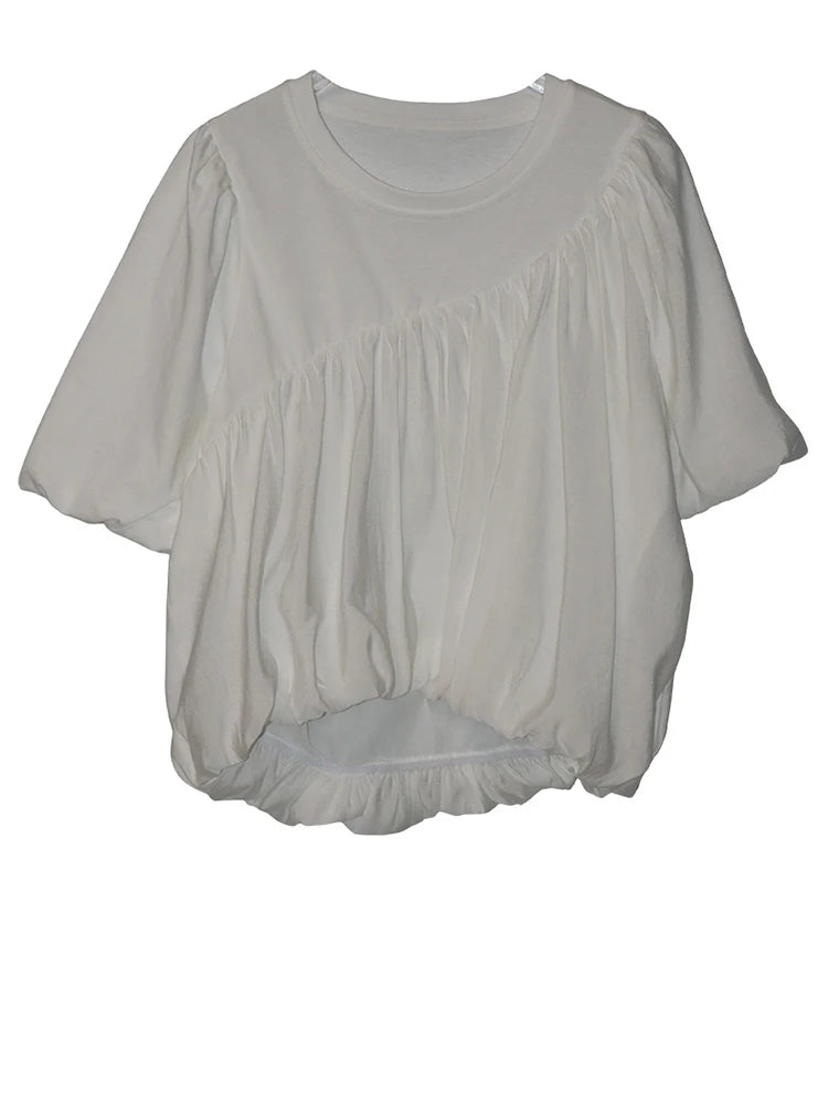 Women Black Irregular Pleated Big Size Casual T-shirt New Round Neck Short Sleeve Fashion Tide Spring Summer 2025 1DJ0558