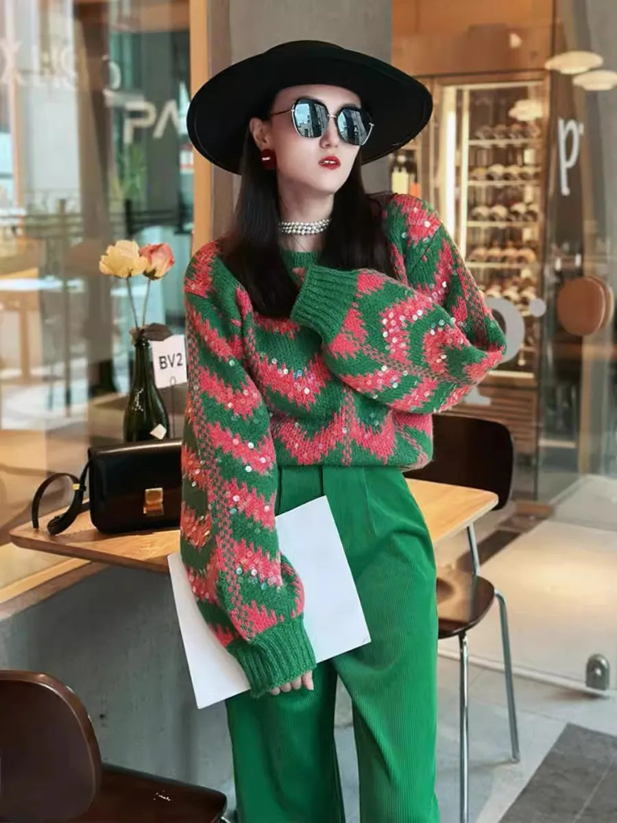 Women Vintage Green Sequins Short Pullover Sweater Fashion Spring Casual Elegant Chic Long Sleeve O Neck Club Party Top C-245