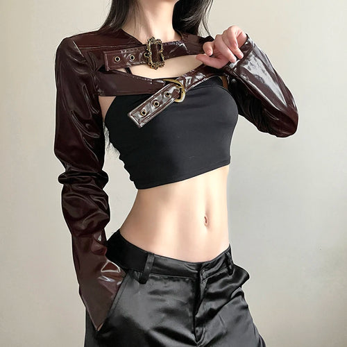 Load image into Gallery viewer, Moto Style Brown Buckle Metal Leather Jacket Smock Top Super Short Streetwear Retro Autumn Coat Female PU Jackets New
