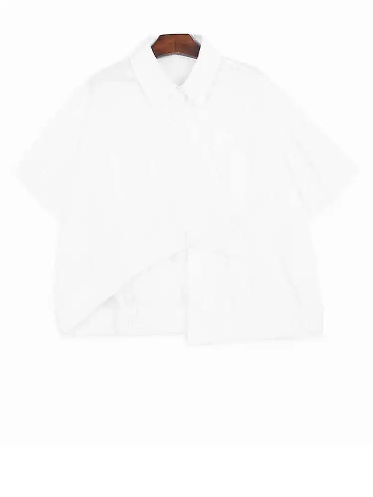 Women Black Irregular Pleated Big Size Casual Blouse New Lapel Short Sleeve Shirt Fashion Tide Spring Summer 2025 1DJ0132