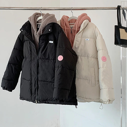 Load image into Gallery viewer, Women Autumn Winter New Beige Patchwork Long Sleeve Short Down Cotton Jacket Black Hooded Warm Elegant Coat Casual Thick Clothes
