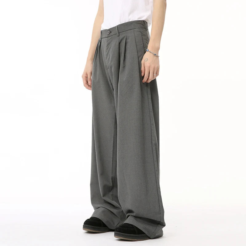 Trend Men's Suit Pants Free Draping Pleated Droop Bottom Straight Wide Leg Solid Color Male Casual Bottom Summer 9C6592