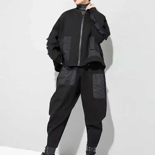 Load image into Gallery viewer, Loose Fit Black Pocket Ruffles Big Size Jacket New Stand Collar Long Sleeve Women Coat Fashion Autumn Winter 2025 1DD3814
