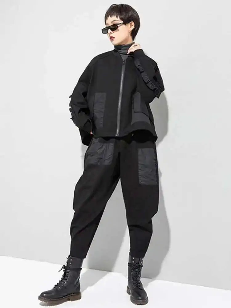 Loose Fit Black Pocket Ruffles Big Size Jacket New Stand Collar Long Sleeve Women Coat Fashion Autumn Winter 2025 1DD3814