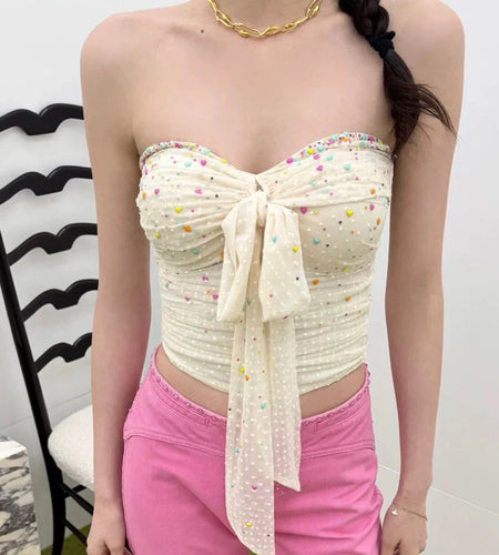 Solid Slimming Spliced Wave Point Fashion Vests for Women Strapless Sleeveless Patchwork Lace Up Vest Female New