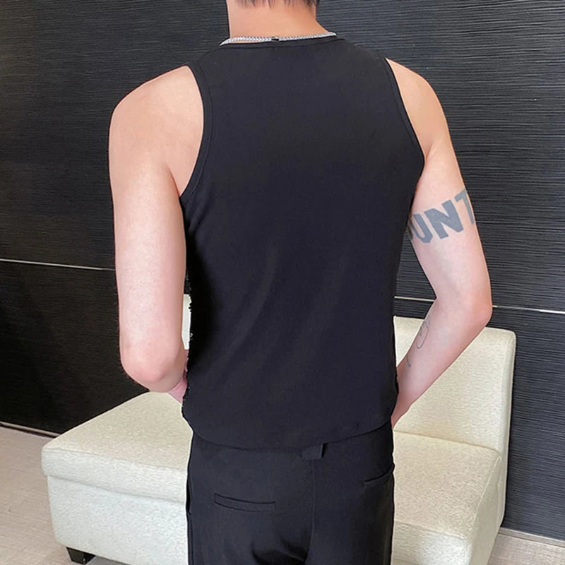 Men's Tank Top Sleeveless Round Neck Sequin Splicing Fashion High Street Slim Hollow Out Vest Summer 9C5711