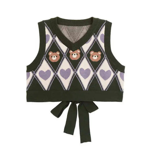 Load image into Gallery viewer, Kawaii Sweater Vest Bear Pri Sleeveless Casual Knitted Argyle Waistcoat 2025 Vintage Y2K Cropped Bandage Vests JK Tops
