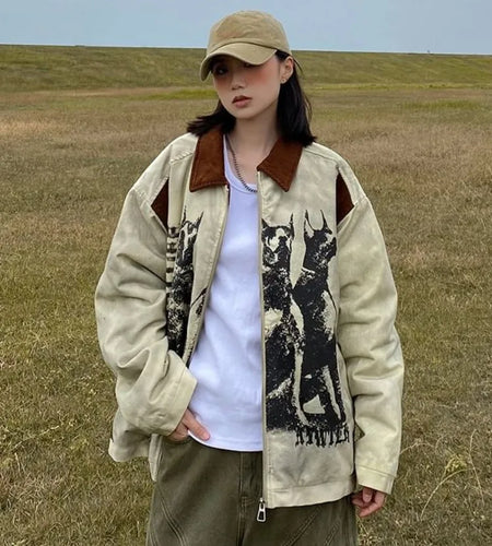 Y2k Aesthetic Cartoon Printing Coat Women Vintage Turn Down Collar Casual Patchwork Tops 2025 Harajuku Oversized Pocket Jacket