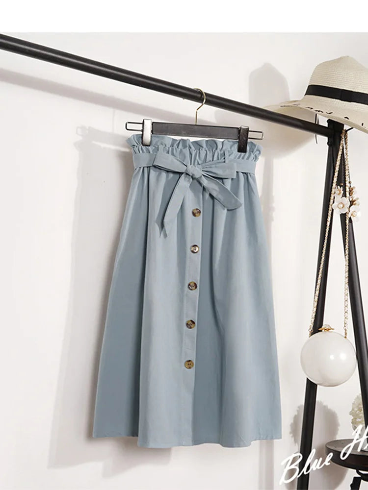 Summer Autumn Skirts Womens 2024 Midi Knee Length Korean Elegant Button High Waist Skirt Female Pleated School Skirt