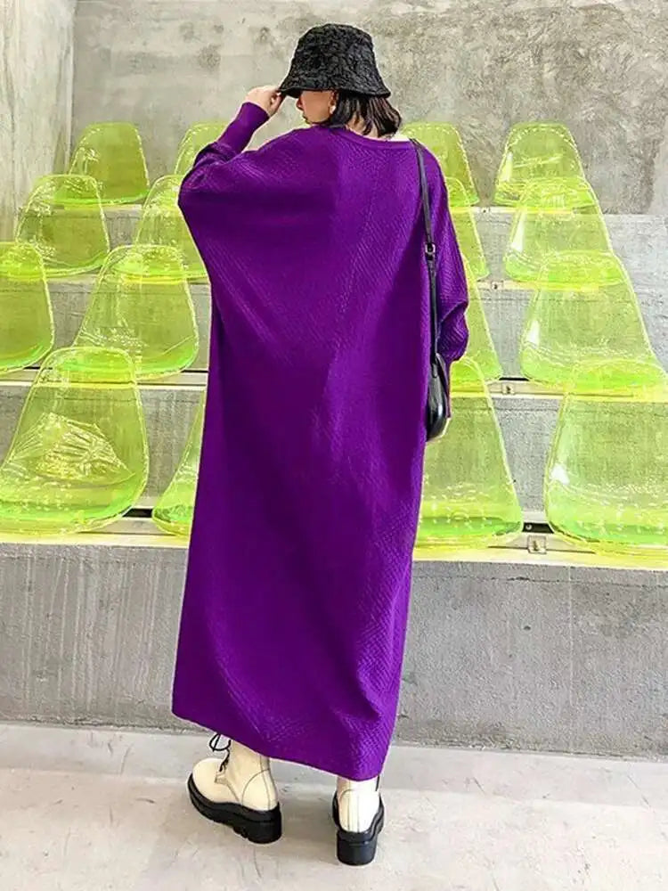 Women Purple Knitting Big Size Casual Long Sweater Dress New V-Neck Long Sleeve Fashion Tide Spring Autumn 2025 1DH7780