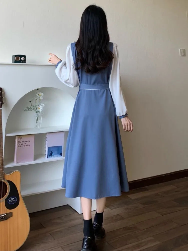 Japanese Preppy Style School Student Midi Dress Sweet Harajuku Korean Kpop Long Sleeve Dresses Party Vintage Autumn