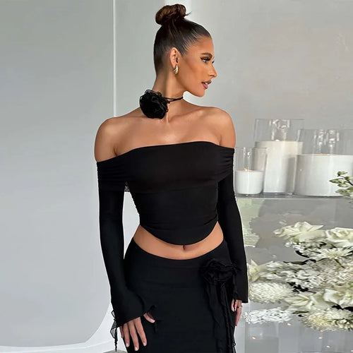 Load image into Gallery viewer, Elegant Halter 3D Flower Two Piece Sets Women Fashion Off-shoulder Tops And Maxi Skirt Matching Sets Bodycon Sexy Dress
