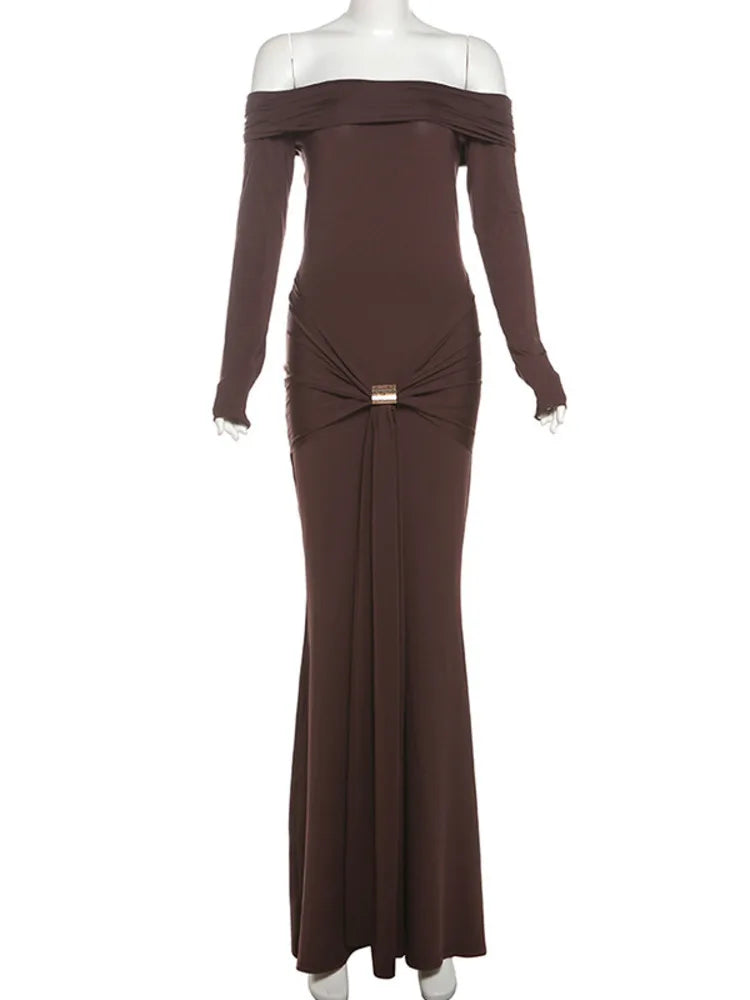 Off-shoulder Long Sleeve Sexy Maxi Dress For Women Fashion Strapless Backless Draped Bodycon Club Party Long Dress