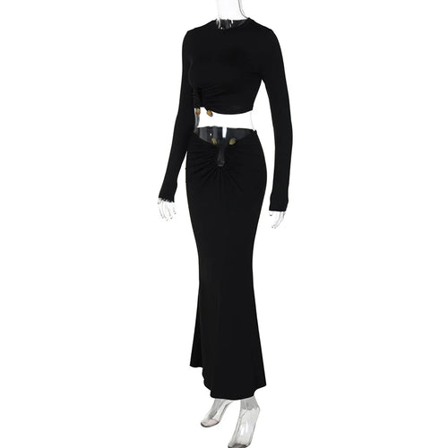 Load image into Gallery viewer, Autumn Winter Skirt Two Pieces Sets Women Sexy Long Sleeve Crop Tops And Elegant Maxi Skirt Sets Ladies Holiday Sets
