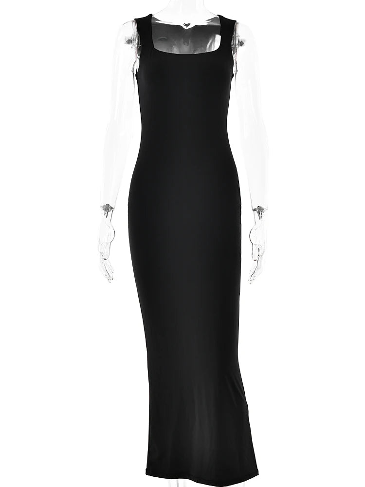 Sexy Sleeveless Square Neck Bodycon Dress Women's Elastic Tight Long Dress Female Elegant Party Club Evening Dress 2024