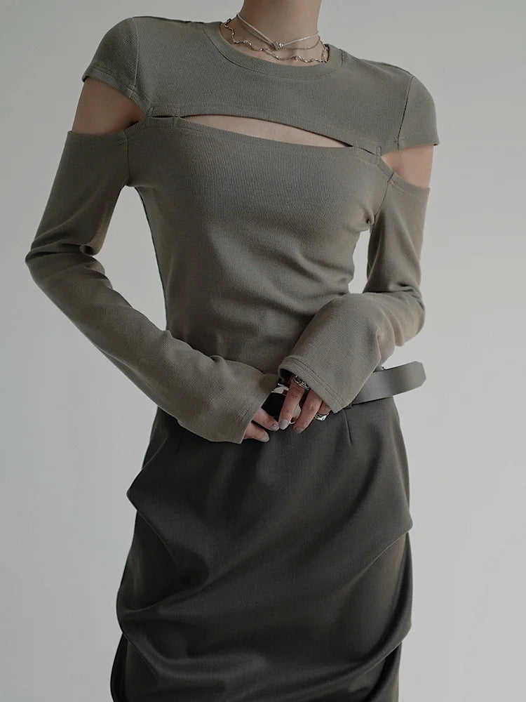 Cut-out Green Knitting Sweater Loose Fit Round Neck Long Sleeve Women Pullovers New Fashion Spring Autumn 2025 1DF4912