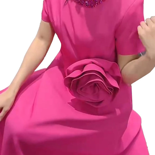 Load image into Gallery viewer, Solid Spliced Appliques Slimming Dreeses For Women O Neck Short Sleeve High Waist Temperament Dress Female Fashion
