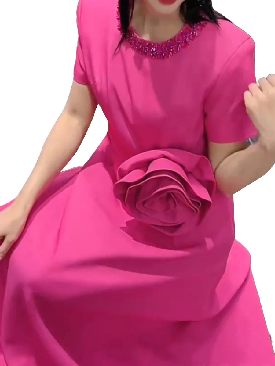 Solid Spliced Appliques Slimming Dreeses For Women O Neck Short Sleeve High Waist Temperament Dress Female Fashion