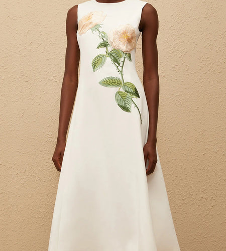 Solid Slimming Spliced 3D Flower Fashion Dresses for Women Round Neck Sleeveless Temperament Dress Female Clothing