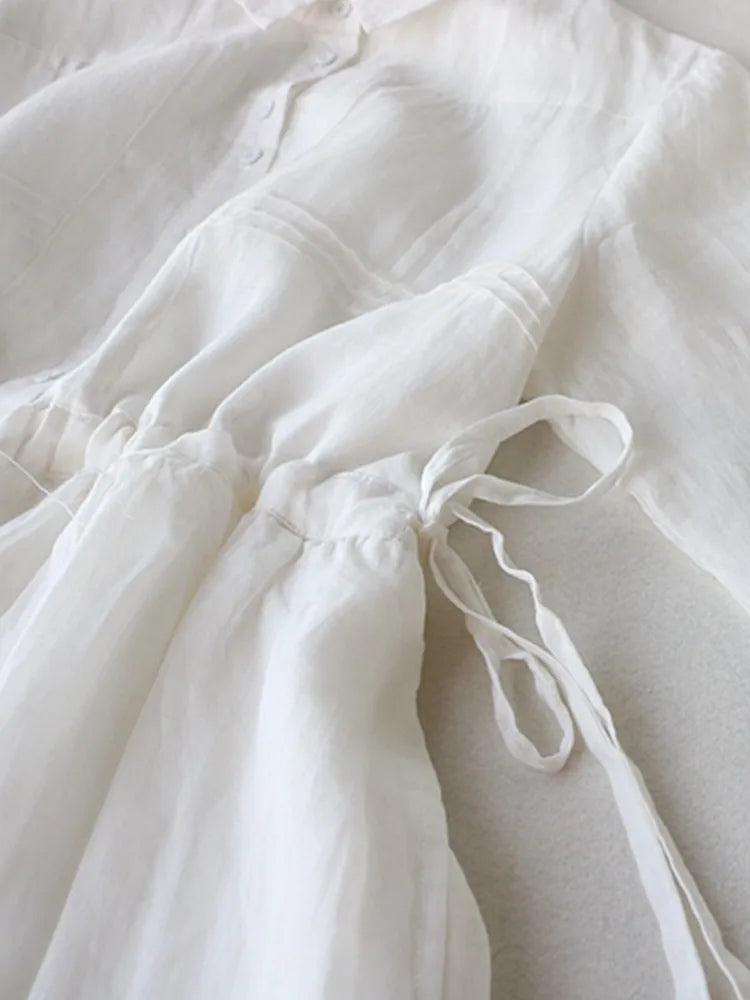 Summer Elegant Dress Women Casual Medium Long Simple Style Vintage Dresses Female Draw String Sash Loose Shirt Dress Elegant