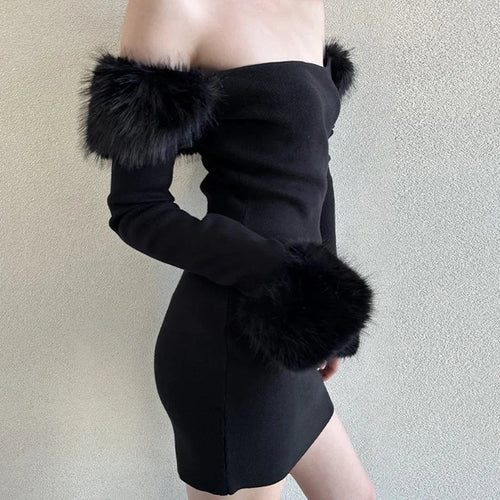 Load image into Gallery viewer, Solid Patchwork Feather Slimming Dresses For Women Slash Neck Long Sleeve High Waist Temperament Dress Female New
