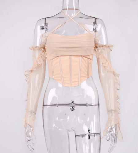 Long Sleeve Corset Tops Trendy Naked Off The Shoulder Ladies Stylish Ruched Halter Neck Top