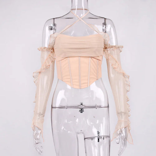 Load image into Gallery viewer, Long Sleeve Corset Tops Trendy Naked Off The Shoulder Ladies Stylish Ruched Halter Neck Top
