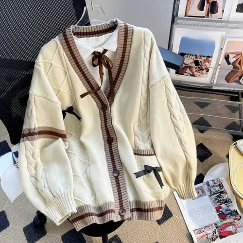 Load image into Gallery viewer, Sweet Bow Knitted Cardigans Y2k Aesthetic All Match Contrast Color Coats Fashion Single Breasted Women Kawaii JK Sweaters Jumper

