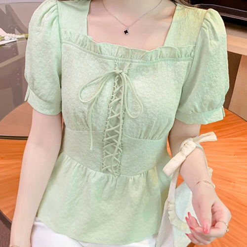 Load image into Gallery viewer, Lace-up Slim Waist Pure Color Women Blouse French Style Sweet Square Neck Puff Sleeve Summer Elegant Female Blouses
