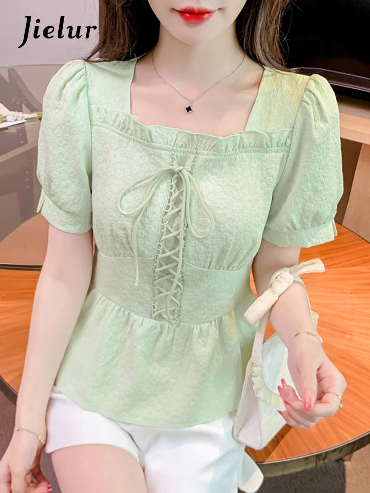 Lace-up Slim Waist Pure Color Women Blouse French Style Sweet Square Neck Puff Sleeve Summer Elegant Female Blouses