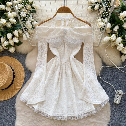 Load image into Gallery viewer, Vintage Women White Lace Elegant Off Shoulder Halter Lace-up Pleated Short Dress Spring High Waist Sexy Party Dress Popular Chic
