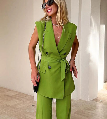 Women Fashion Trousers Two Piece Sets Casual Loose Sleeveless Vest Coat Wide Leg Pants Suits 2023 Spring Commuter Office Set