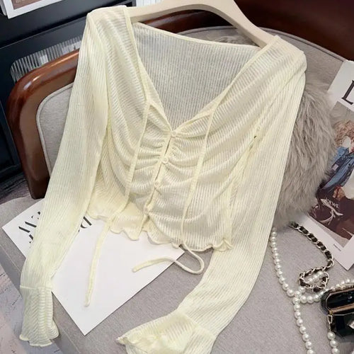 Load image into Gallery viewer, Summer Fashion 2025 New Yellow Pink V Neck Single Breasted Pleated Shirt Women White Slim Flared Long Sleeves Lace-up Tops Trend
