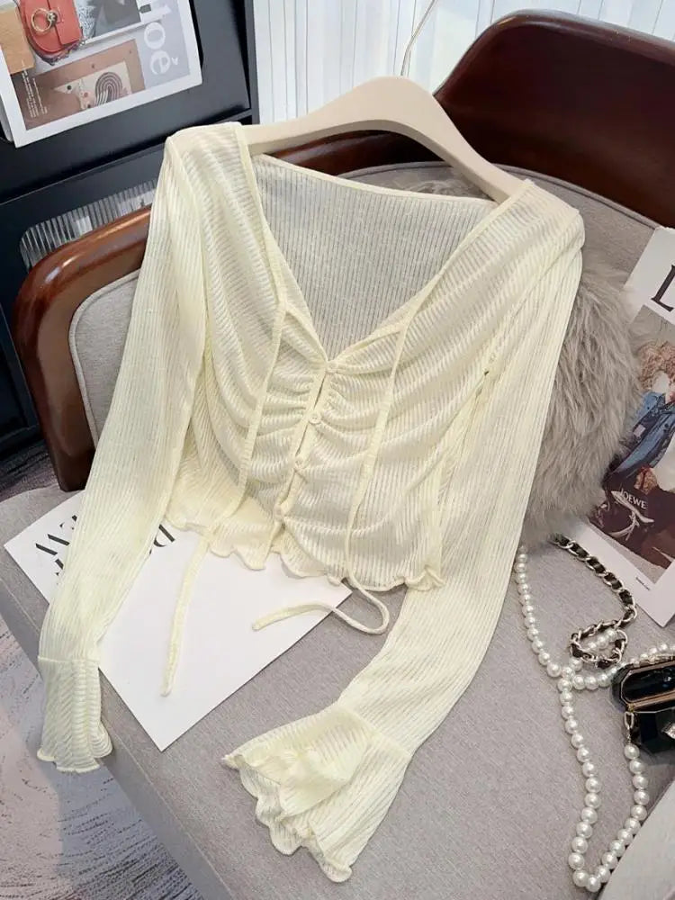 Summer Fashion 2025 New Yellow Pink V Neck Single Breasted Pleated Shirt Women White Slim Flared Long Sleeves Lace-up Tops Trend