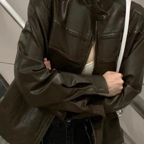 Load image into Gallery viewer, Autumn Harajuku Vintage Bomber Jacket Women Clothes Streetwear Casual Outwear 2025 Ropa Mujer Loose PU Coat Y2k Aesthetic Tops
