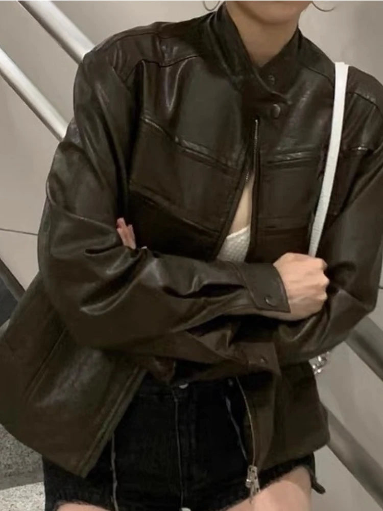 Autumn Harajuku Vintage Bomber Jacket Women Clothes Streetwear Casual Outwear 2025 Ropa Mujer Loose PU Coat Y2k Aesthetic Tops