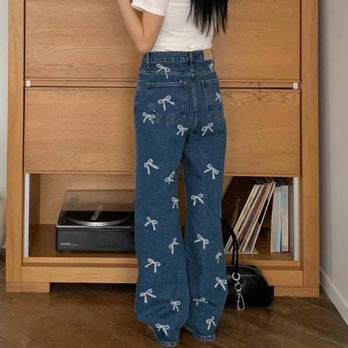 Load image into Gallery viewer, Korean Fashion Bow Pattern Printed Women Jeans Low Waisted Straight Leg Denim Trousers Cute Sweet Harajuku Sweatpants
