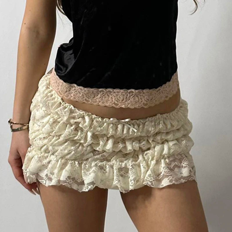 Holiday Fashion Folds Tiered Mini Lace Skirts Women‘s Cute Summer Low Waist Bottoms Y2K Aesthetics Beach Hottie Skirt